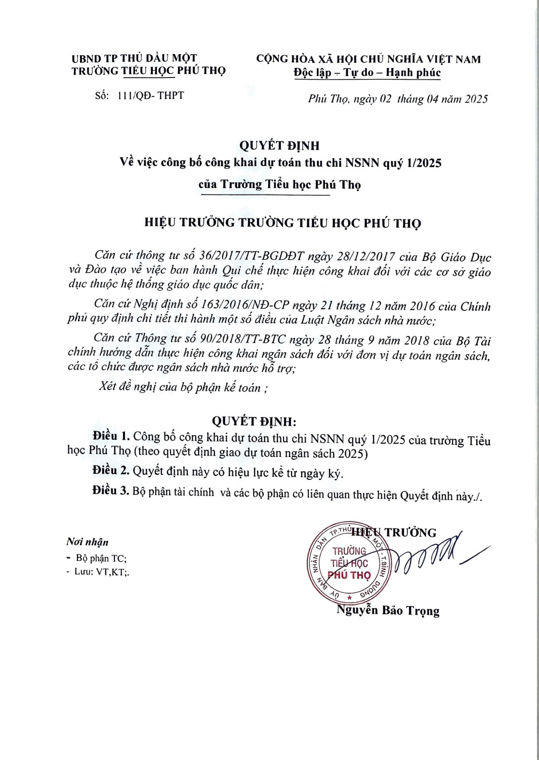 QUYET ĐINH CONG KHAI THUC HIEN DU TOAN THU CHI QUI 1 2025 hình ảnh 0